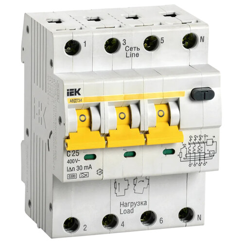 Автоматический выключатель дифференциального тока (АВДТ) 3п+N 25А х-ка C 30мА тип A АВДТ34