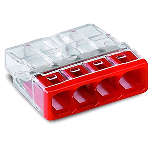 Клемма 4-проводная для распределительных коробок, прозрачный корпус, красная крышка