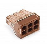 Клемма 6-проводная для одножильных проводников до 4 мм², прозрачный корпус, коричневая крышка