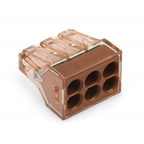 Клемма 6-проводная для одножильных проводников до 4 мм², прозрачный корпус, коричневая крышка